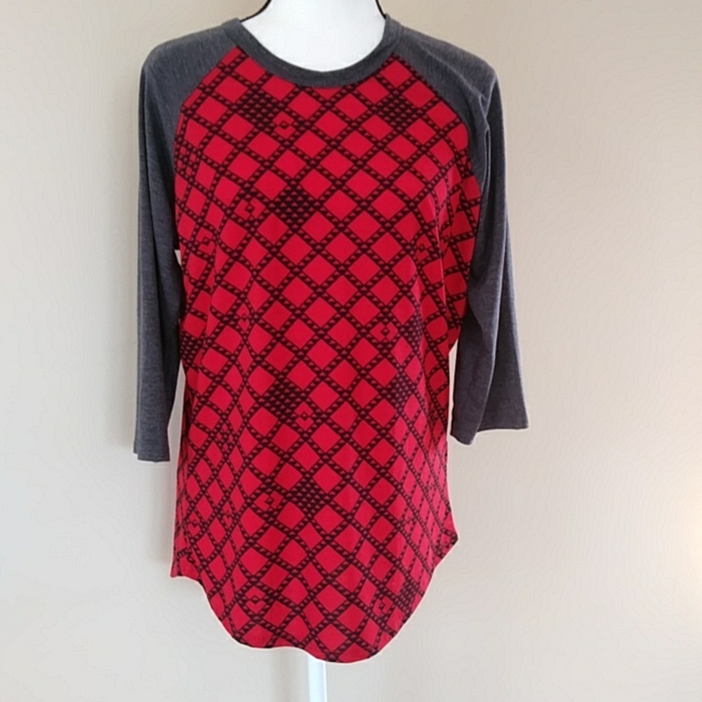 LuLaRoe Heathered Sleeve Pattern Jersey Top L Red Black Gray